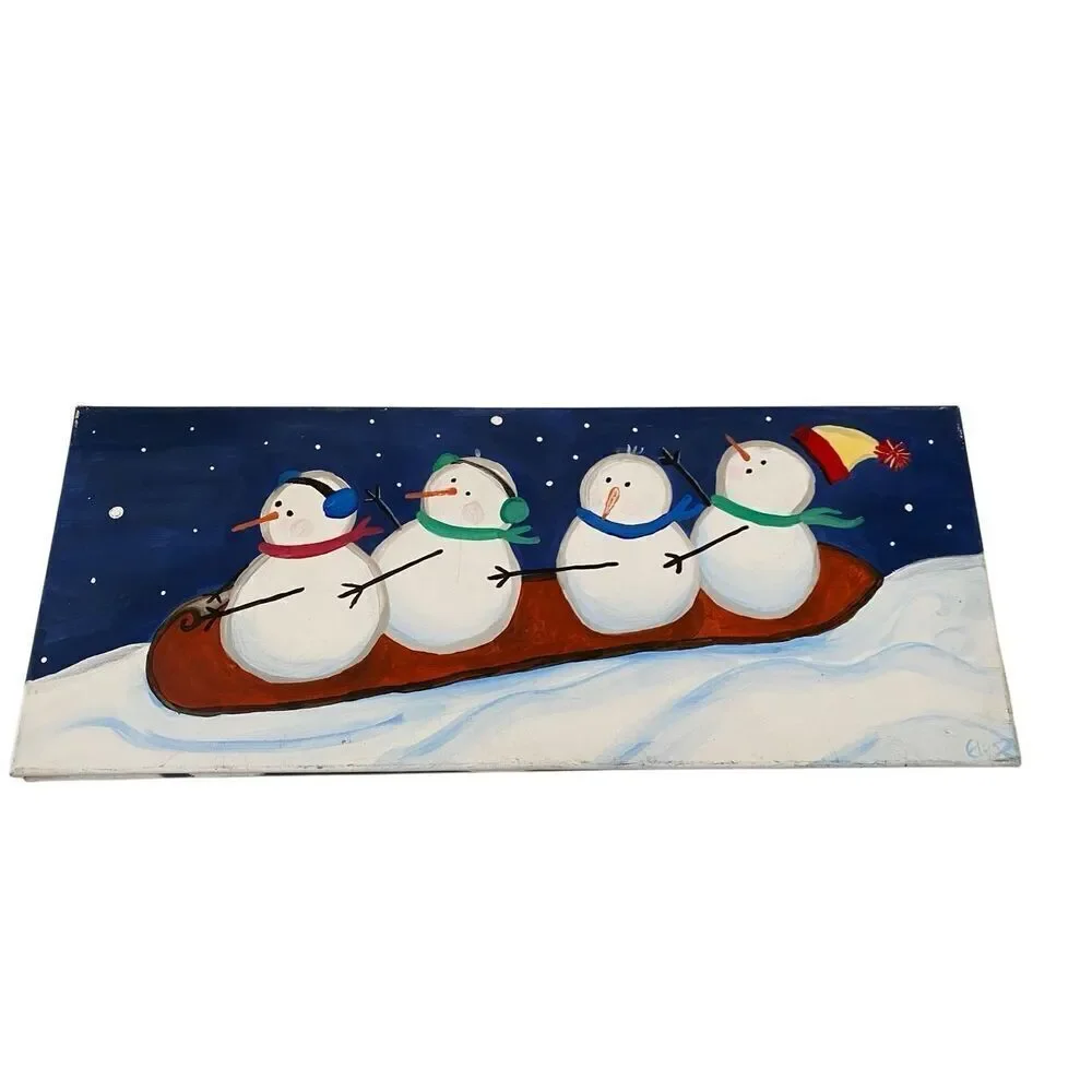 Lot of 2 Handpainted Snowman Christmas Canvas Paintings Xmas Decor Home Decorati
